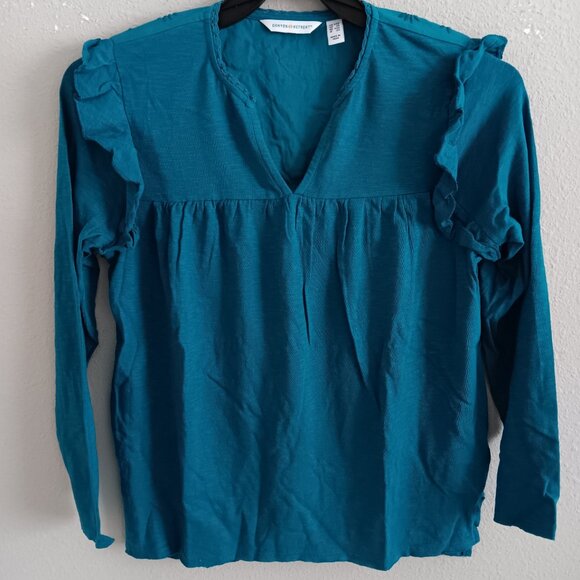 Denim & Co. Canyon Retreat Embroidered Split Neck Blouse , Teal Sz 1X a633559 - Picture 4 of 6